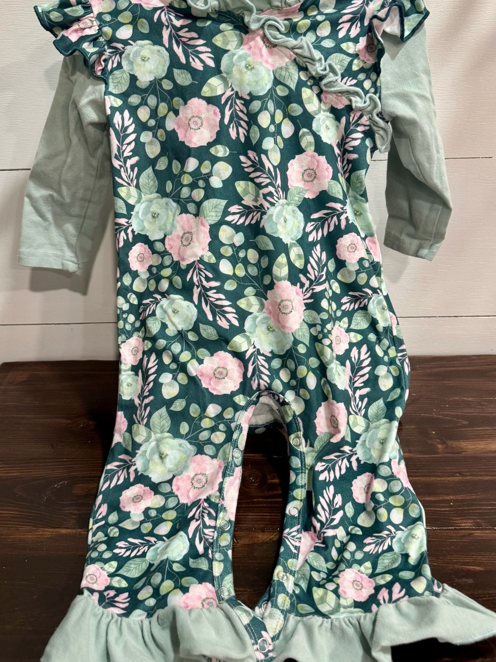 Floral Ruffle Baby One-Piece Bodysuit - Green & Pink